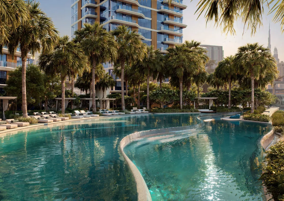 Render of the palm-lined resort-style swimming pool at the foot of The Edit at d3