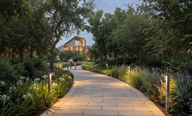 Tree-lined garden walkway at dusk between villas at The Orchard, Sobha City