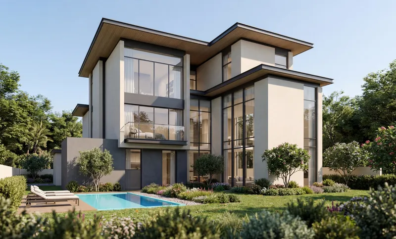 Six bedroom estate villa with tall glazing, a lawn and a private pool at The Orchard, Sobha City