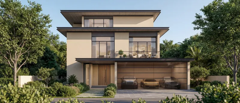Three-storey estate villa with a covered garage behind trees at The Orchard, Sobha City, Abu Dhabi