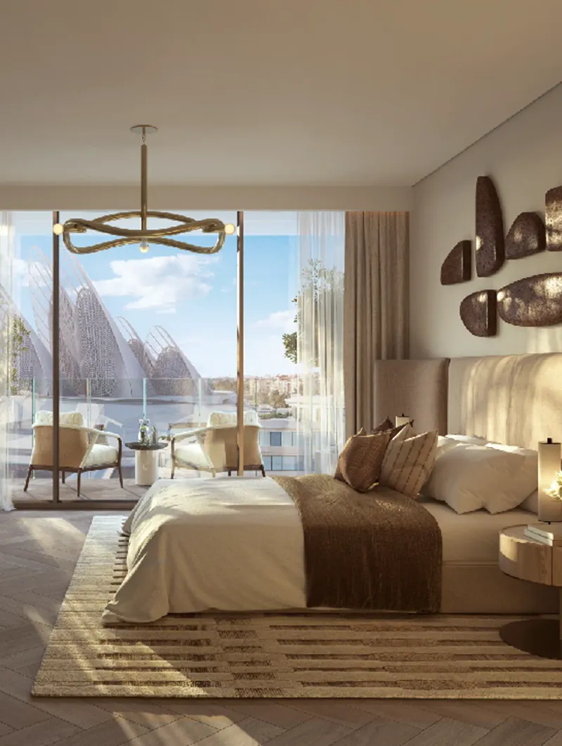 Render of a bedroom with a museum view in a The Row Saadiyat apartment