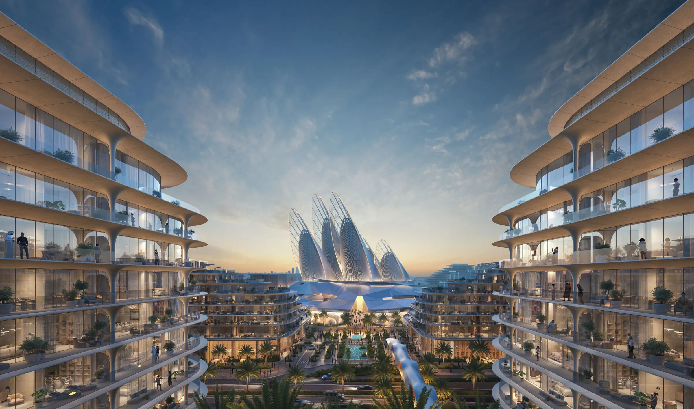 Computer-generated render of The Row Saadiyat's curved, terraced buildings framing the Zayed National Museum in Saadiyat Cultural District, Abu Dhabi
