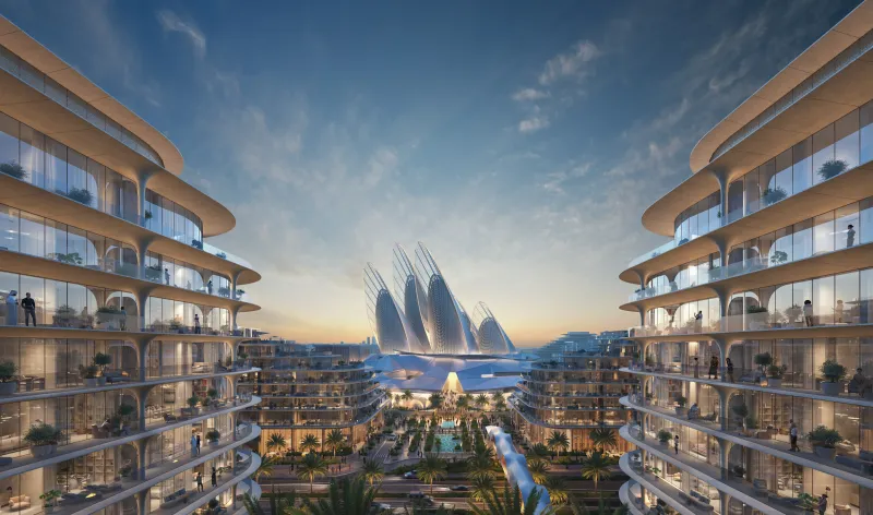 Computer-generated render of The Row Saadiyat's curved, terraced buildings framing the Zayed National Museum in Saadiyat Cultural District, Abu Dhabi