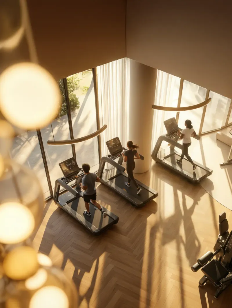 Render of a sunlit fitness studio with treadmills at The Row Saadiyat
