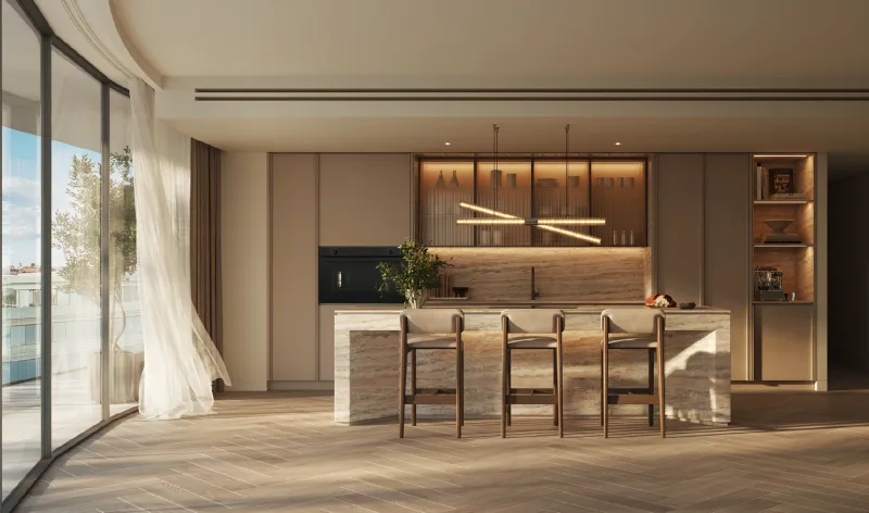 Render of an open kitchen with a stone island and bar stools in a The Row Saadiyat apartment
