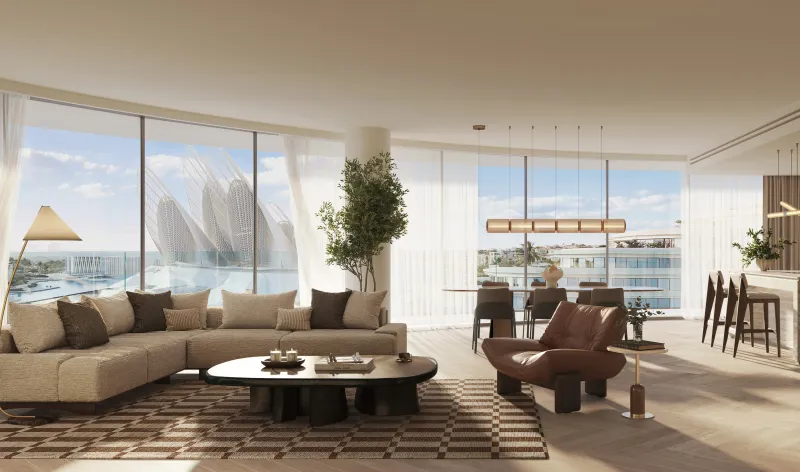 Render of a living and dining room at The Row Saadiyat with full-height windows looking out to the Zayed National Museum