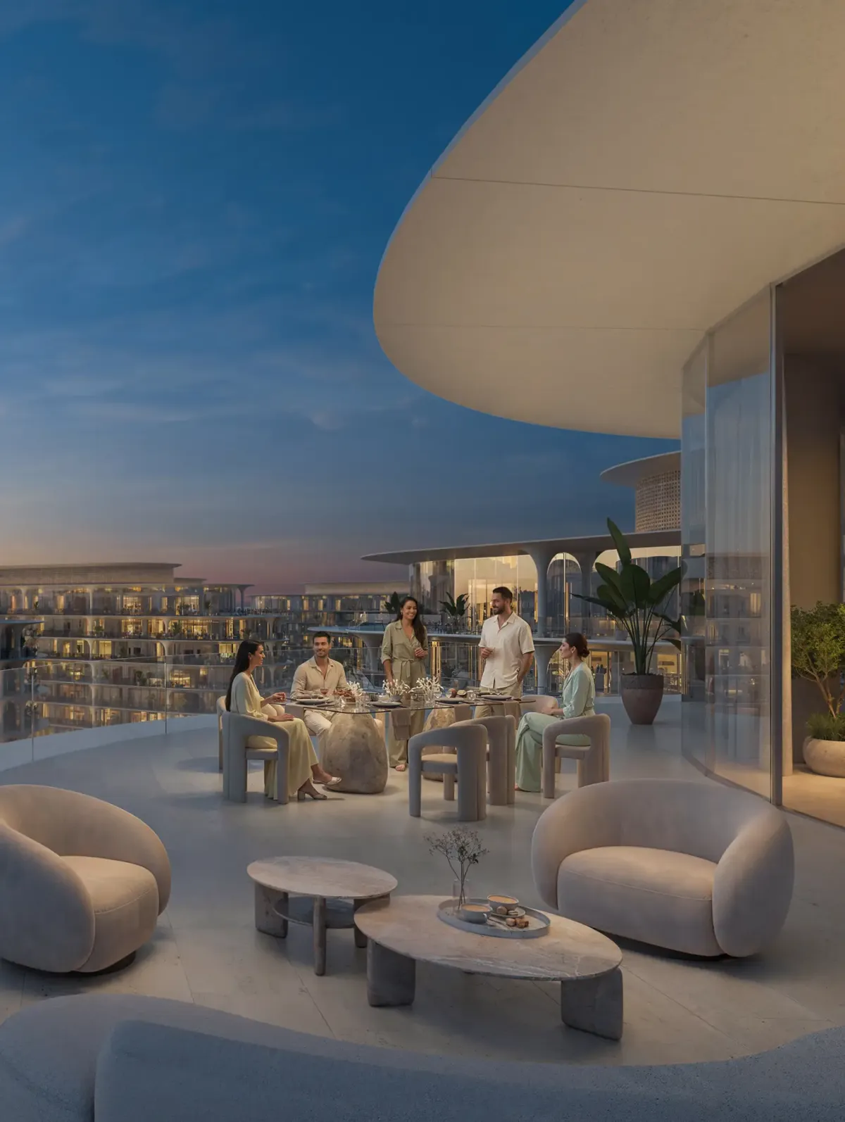 Render of residents on a shaded outdoor terrace lounge at The Row Saadiyat at dusk