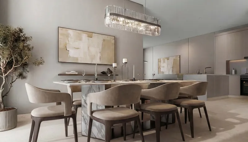 Render of the dining area and kitchen in a villa at The Terraces, Sobha City, with a marble table and crystal chandelier