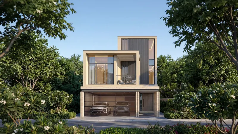 Render of the front of a four bedroom garden villa at The Terraces, Sobha City, with a covered carport and upper-floor terrace