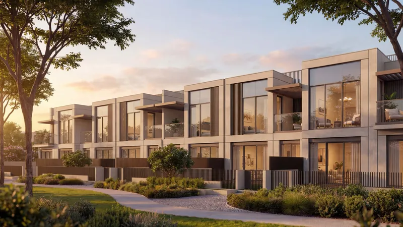 Render of a row of three bedroom garden villas at The Terraces, Sobha City, at sunset with landscaped front gardens