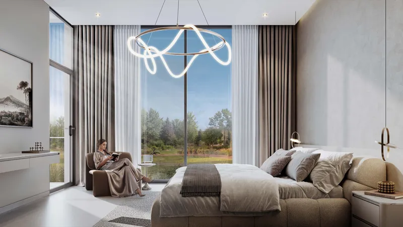 Render of a master bedroom in a villa at The Terraces with a double-height window looking onto trees