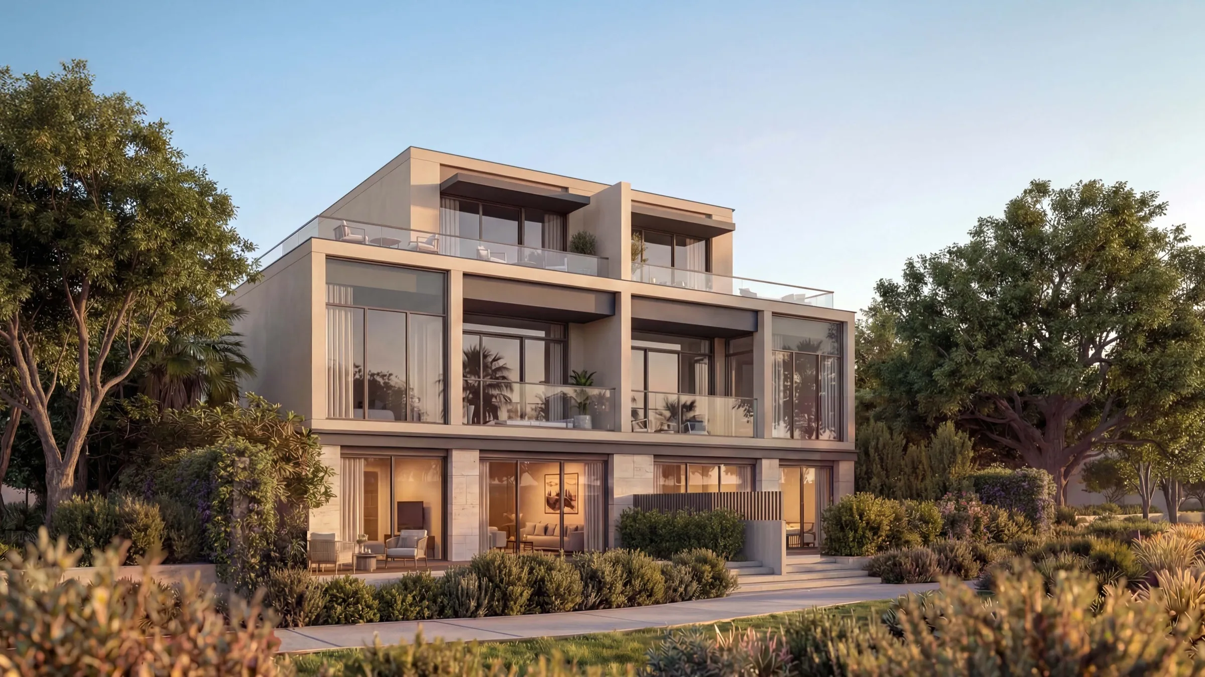 Render of a three bedroom garden villa at The Terraces, Sobha City, with balconies and a roof terrace set among mature trees