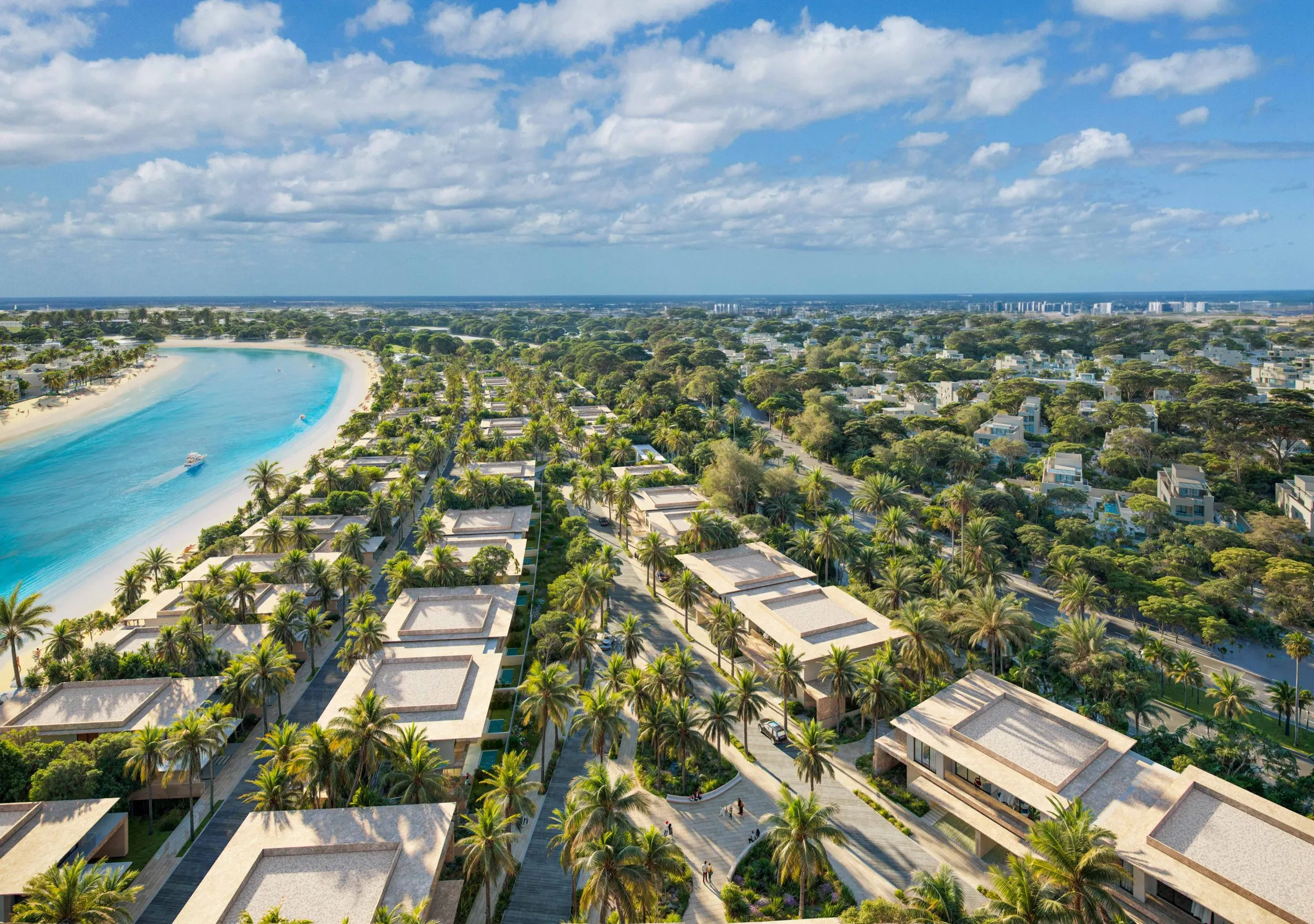 The View Island aerial view with lagoon, beach and villa rows