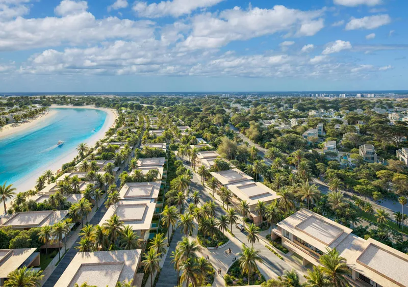 The View Island aerial view with lagoon, beach and villa rows
