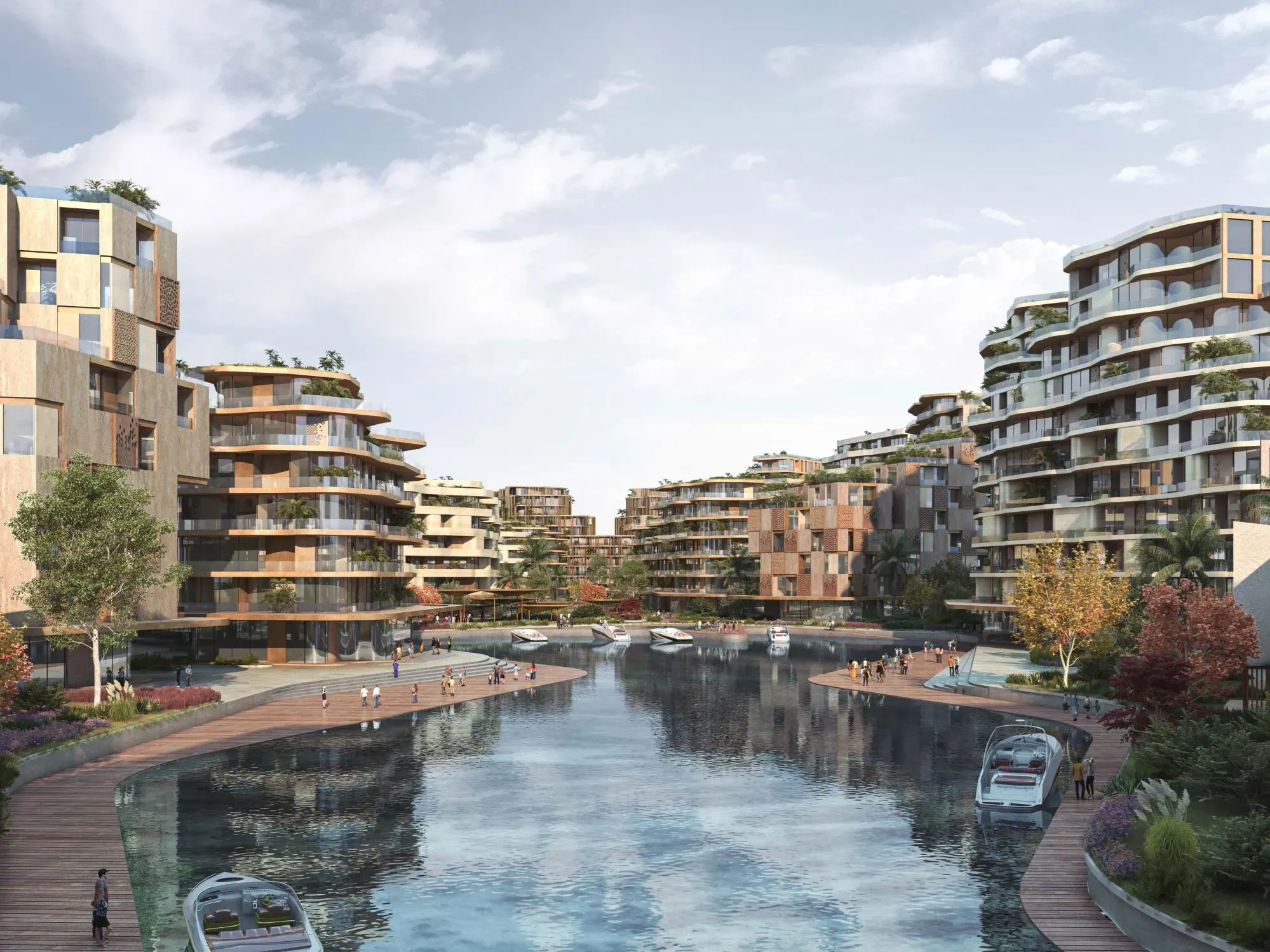 The Wadi canal frontage with boardwalks and moored boats (developer render)