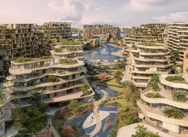 The Wadi, Yas Canal: terraced, planted residential buildings around a central landscaped valley (developer render)