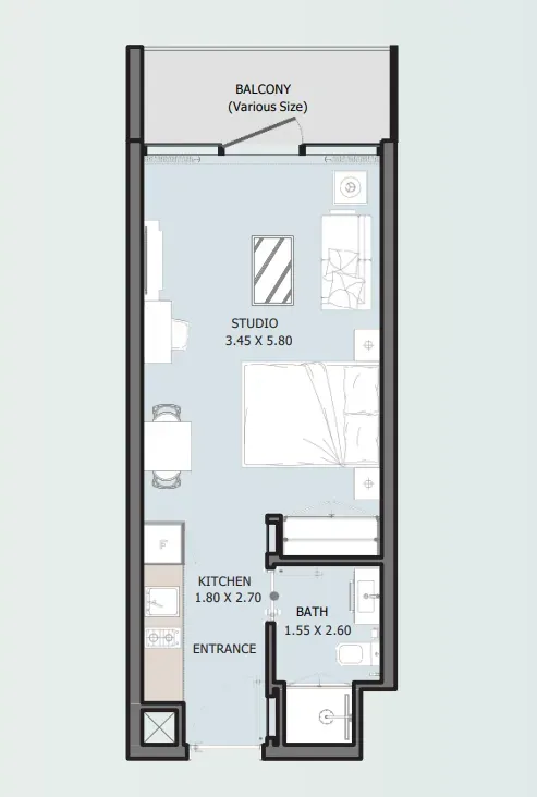 The Wadi Studio Layout floor plan, 377 sq ft