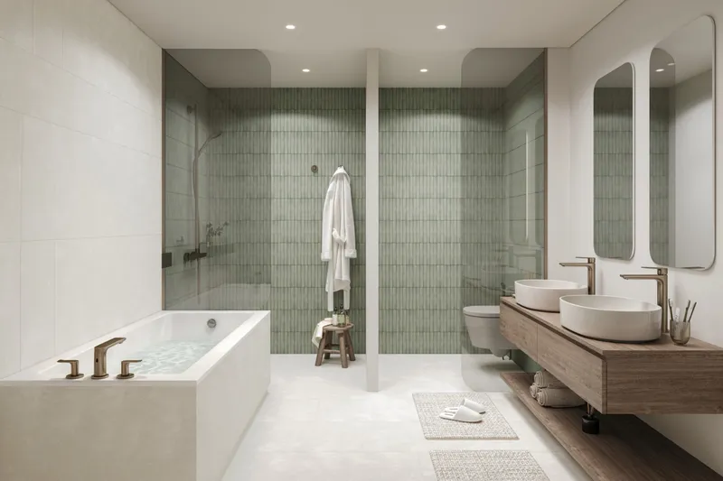 Interior render of a bathroom at The Wilds Residences with a bathtub, green tiles and twin basins