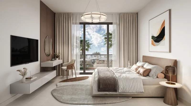 Interior render of a bedroom in a The Wilds Residences apartment with a balcony door and palm view