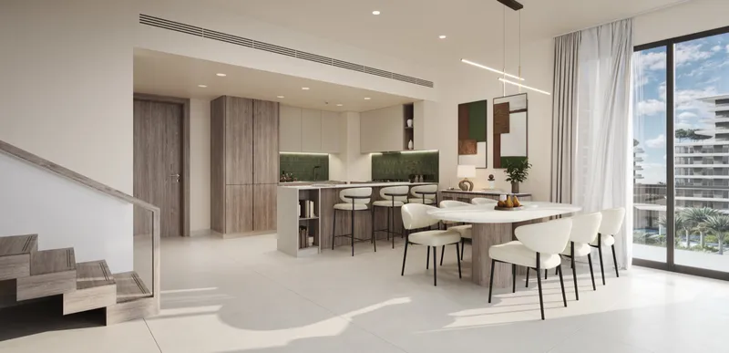 Interior render of a duplex at The Wilds Residences with a staircase, dining table and kitchen