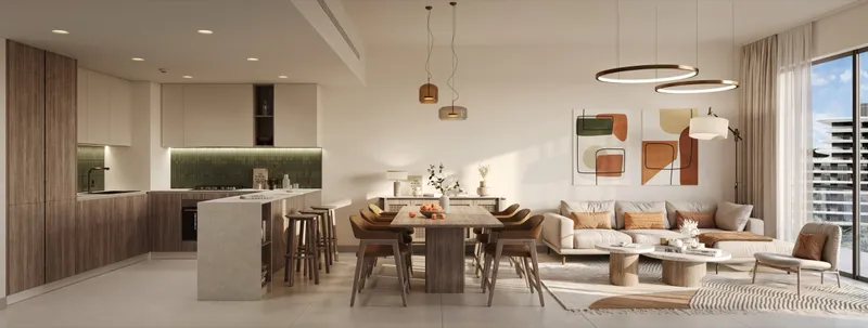 Interior render of an open kitchen, dining and living room in a The Wilds Residences apartment, light scheme