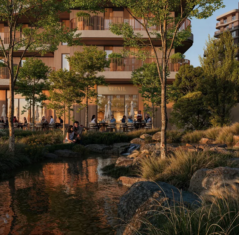 Render of a shaded stream and planting beside a terrace with outdoor seating at The Wilds Residences