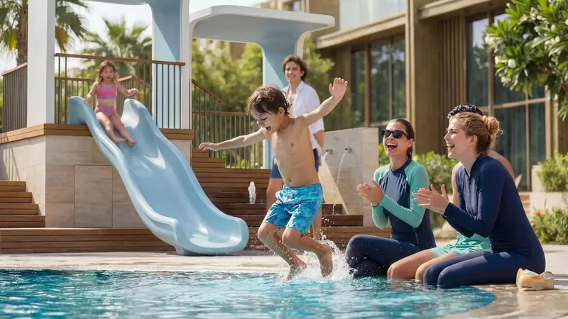 Community pool deck at Tilal Binghatti villas