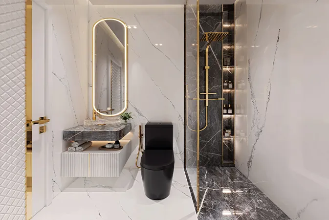 Stone-finished bathroom in a Timez by Danube apartment