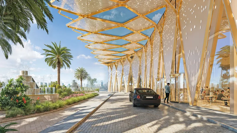 Landscaped drop-off with gilded canopy at the Timez by Danube entrance