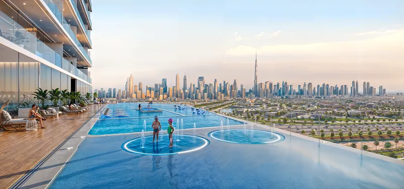 Infinity pool at Timez by Danube facing the Downtown Dubai skyline