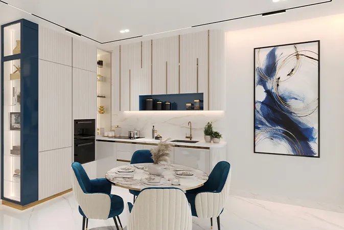 Open kitchen and dining area in a Timez by Danube apartment