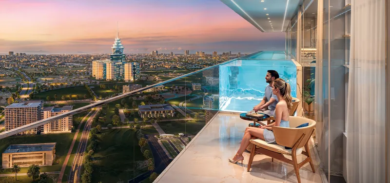 Private pool on an apartment balcony at Timez by Danube overlooking Dubai Silicon Oasis