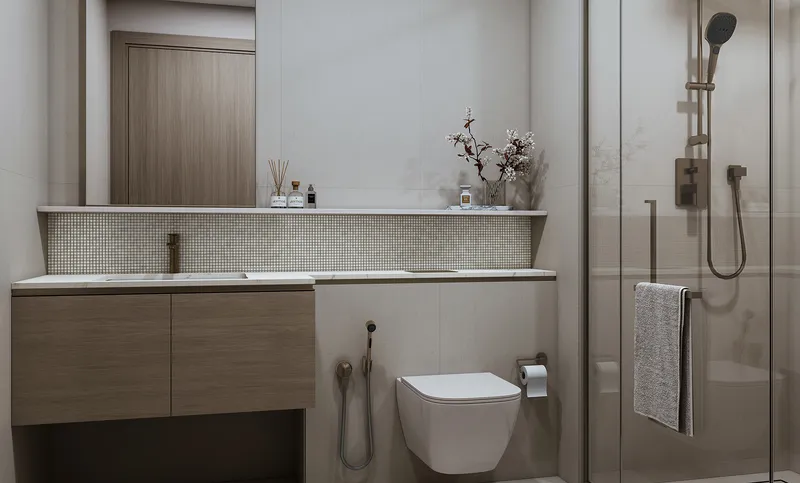 Bathroom with a timber vanity and walk-in shower at Tranquil Beach Residences