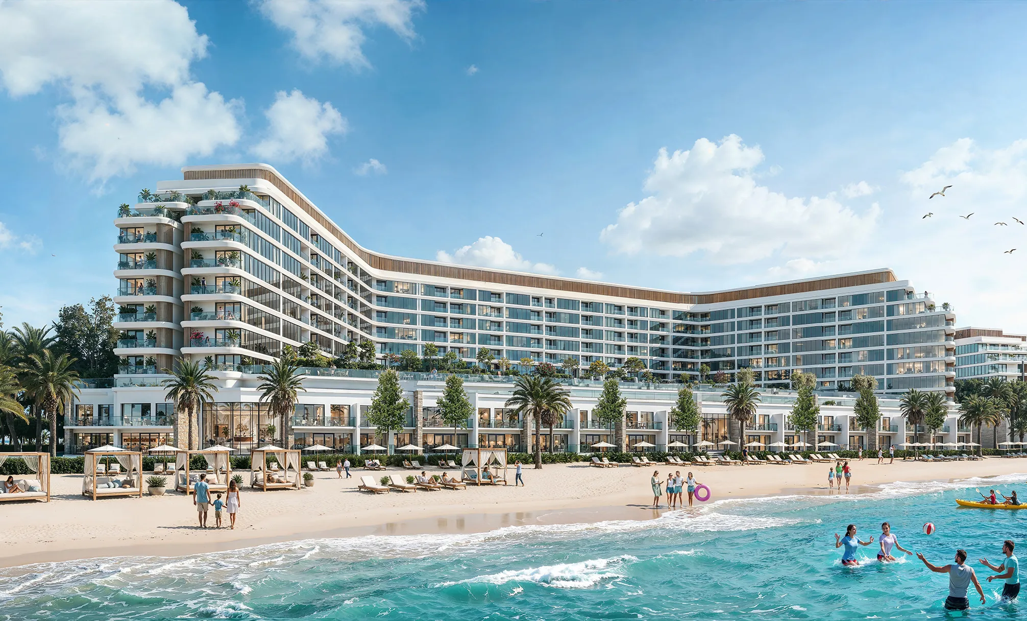 Tranquil Beach Residences curving along the natural beach on Sobha Siniya Island, Umm Al Quwain