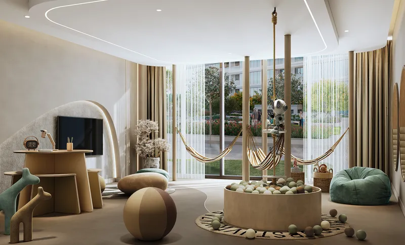 Children's playroom with hammocks and a ball pit at Tranquil Beach Residences