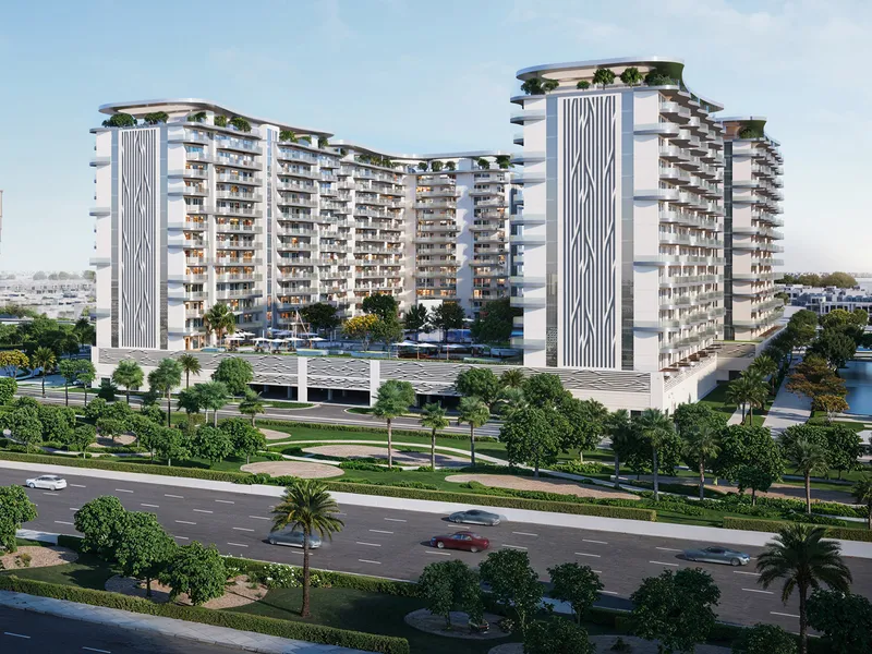 Render of the white Valencia apartment buildings at DAMAC Lagoons District behind a landscaped road with palm trees