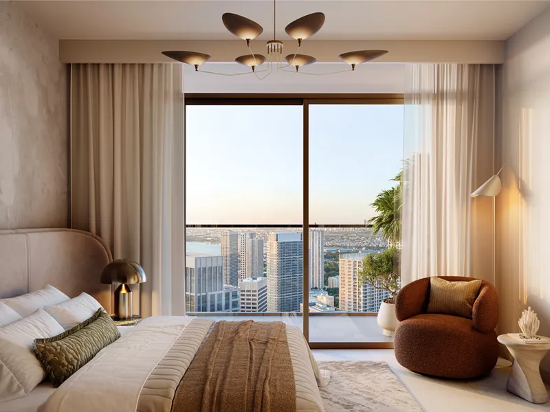 Interior render of a Valia bedroom with a balcony door and city views