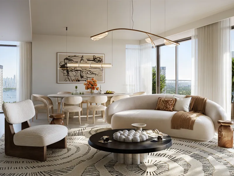 Interior render of a Valia living and dining room in warm neutral tones