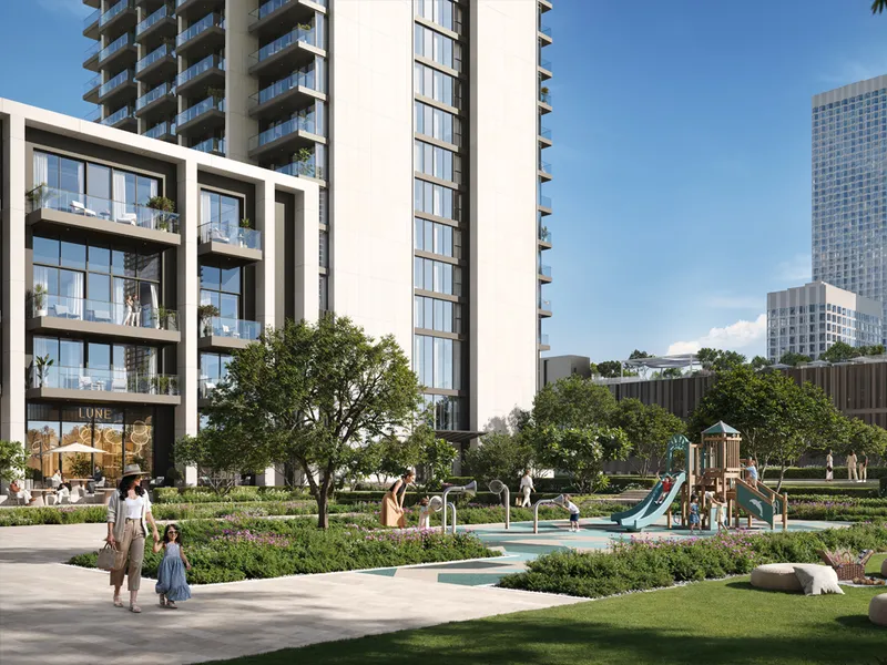 Render of the landscaped park and play area at the foot of the Valia tower