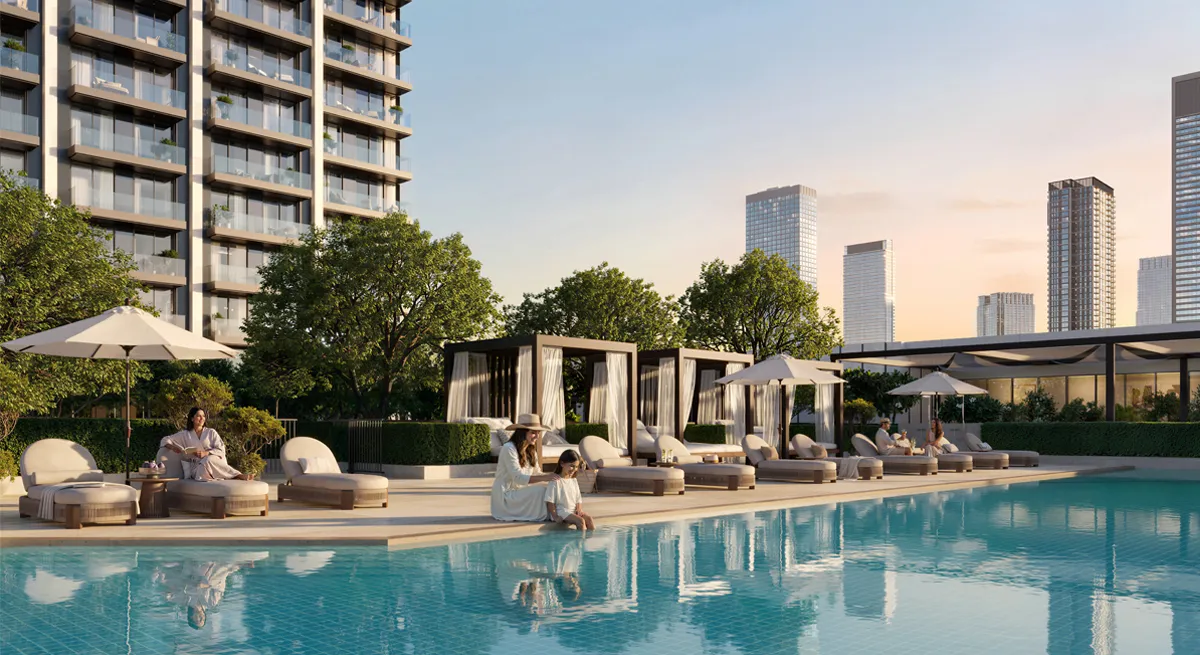 Render of the Valia pool deck with sun loungers and shaded cabanas