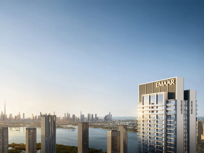 Render of the Valia tower at Dubai Creek Harbour with Dubai Creek and the city skyline behind