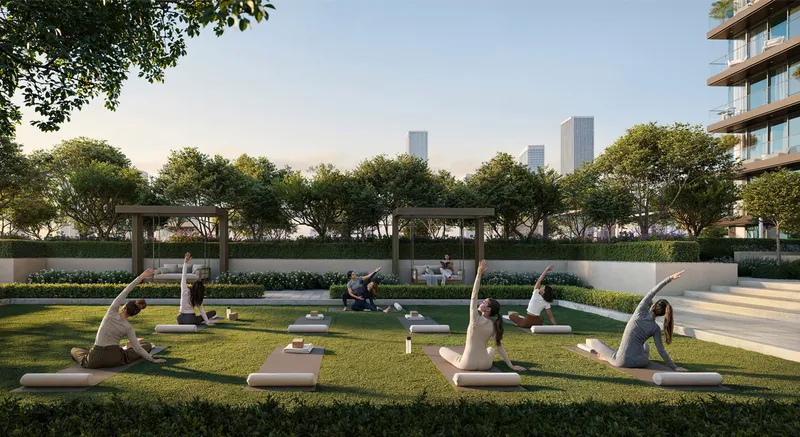 Render of residents doing yoga on the communal lawn at Valia