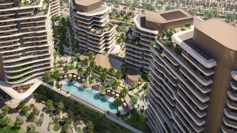 Aerial render of Verdes by Haven buildings around a landscaped podium pool