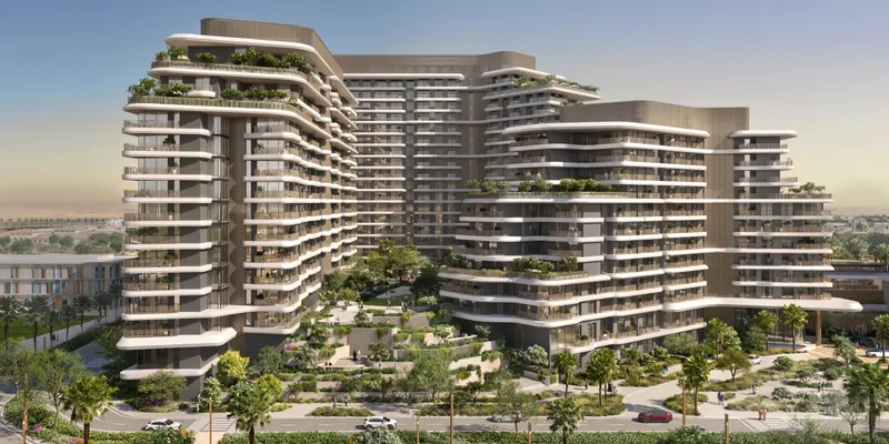 Render of the curved, terraced Verdes by Haven apartment buildings above landscaped gardens in Dubailand