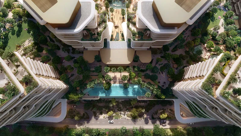 Top-down render of the Verdes by Haven buildings, gardens and central pool