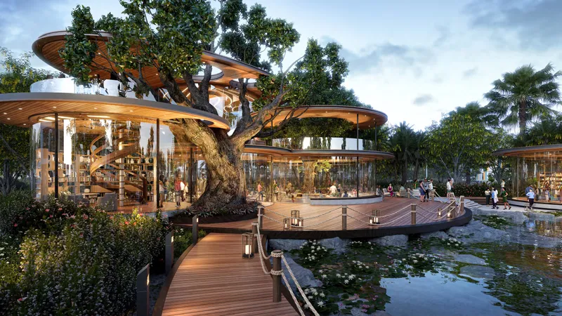 Render of the Treehouse community lounge built around a large tree at Verdes by Haven