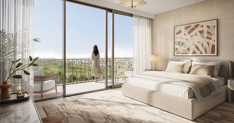 Interior render of a Vista Ridge bedroom opening onto a balcony with green views