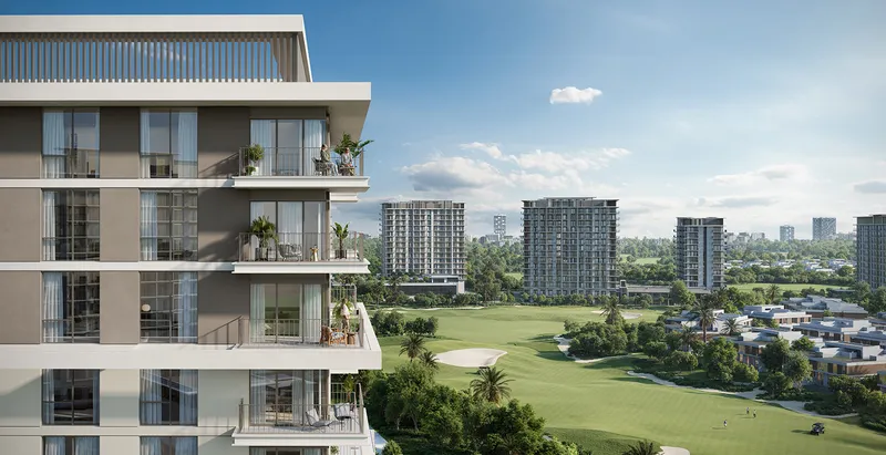 Render of a Vista Ridge residential building with terraces beside the Emaar South golf course