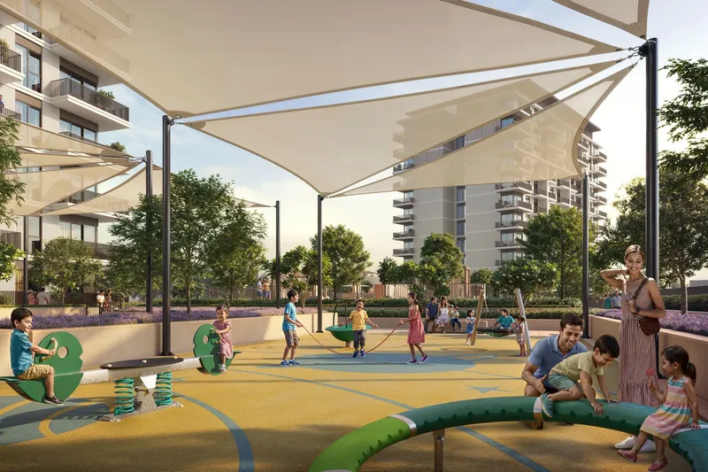 Render of children playing in a shaded kids' play area at Vista Ridge