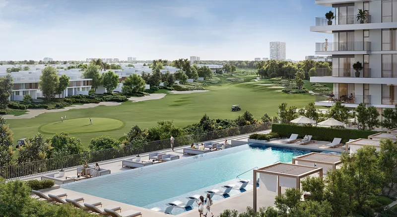 Render of the Vista Ridge pool deck with loungers and cabanas overlooking the golf course